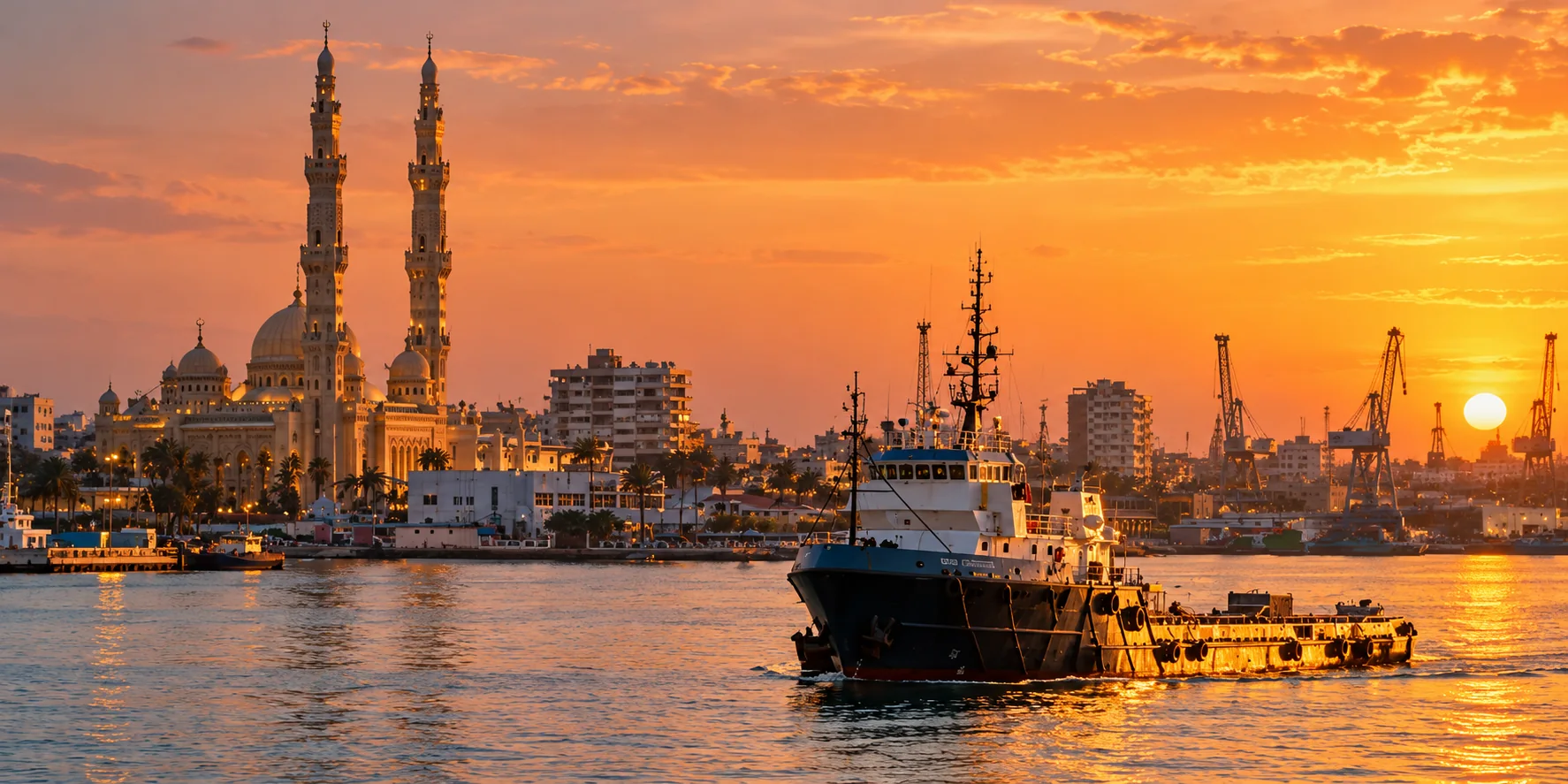 Tug and vessel on the water at sunset in front of a harbour skyline with mosque minarets