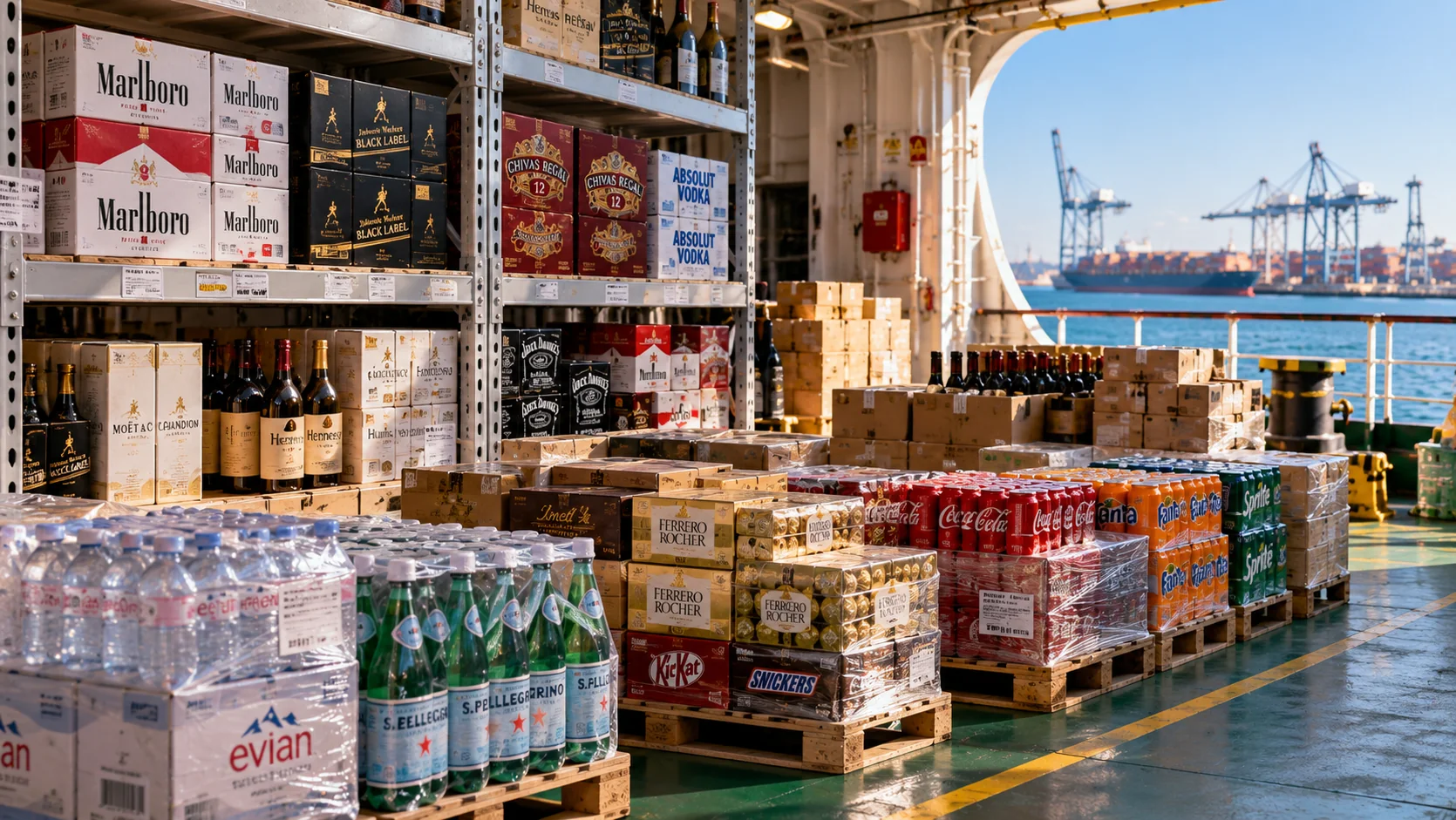 Bonded store with drinks, bottled water and packaged goods on shelves and pallets